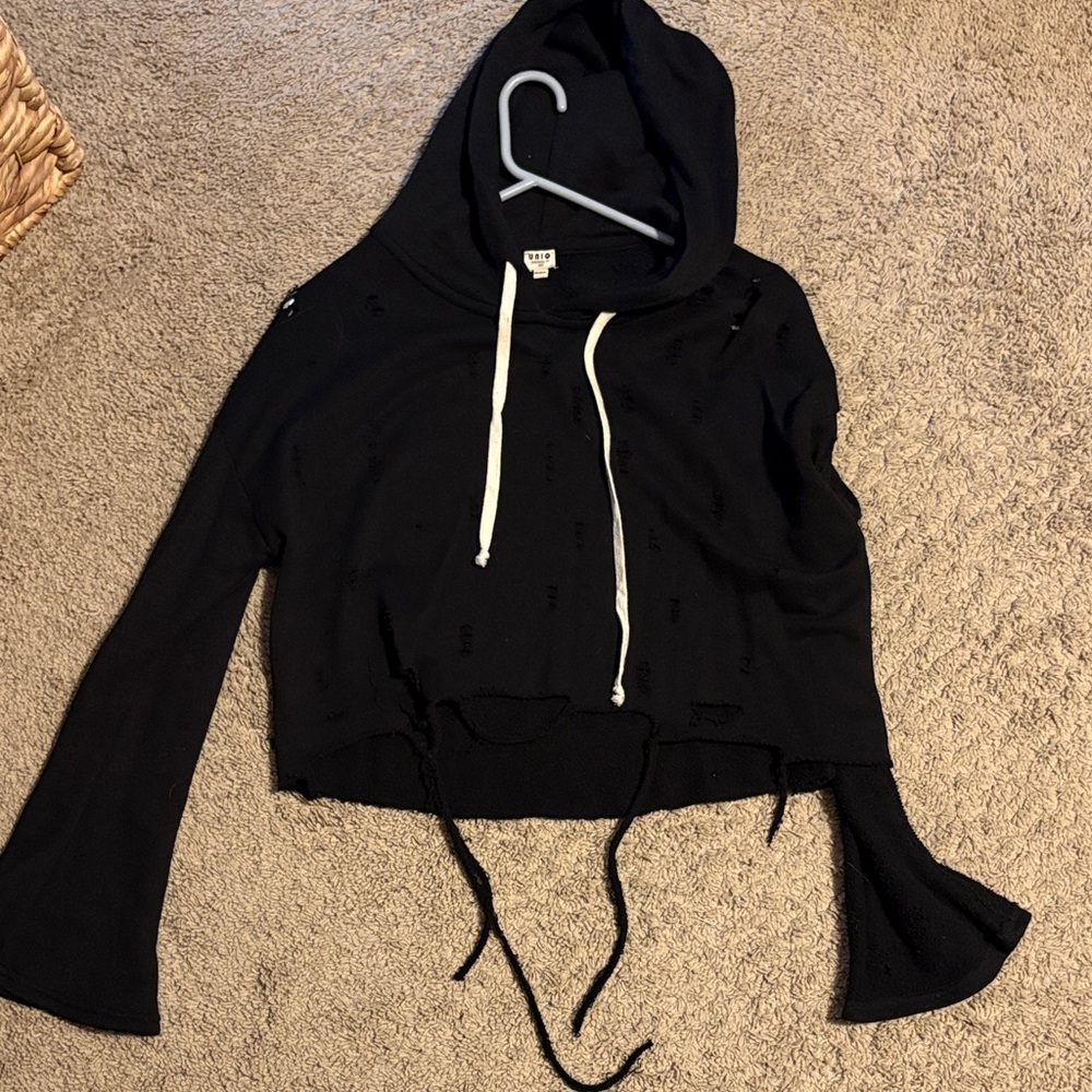 Juniors Size M, Stylish Black Distressed Hoodie with Flared Sleeves
